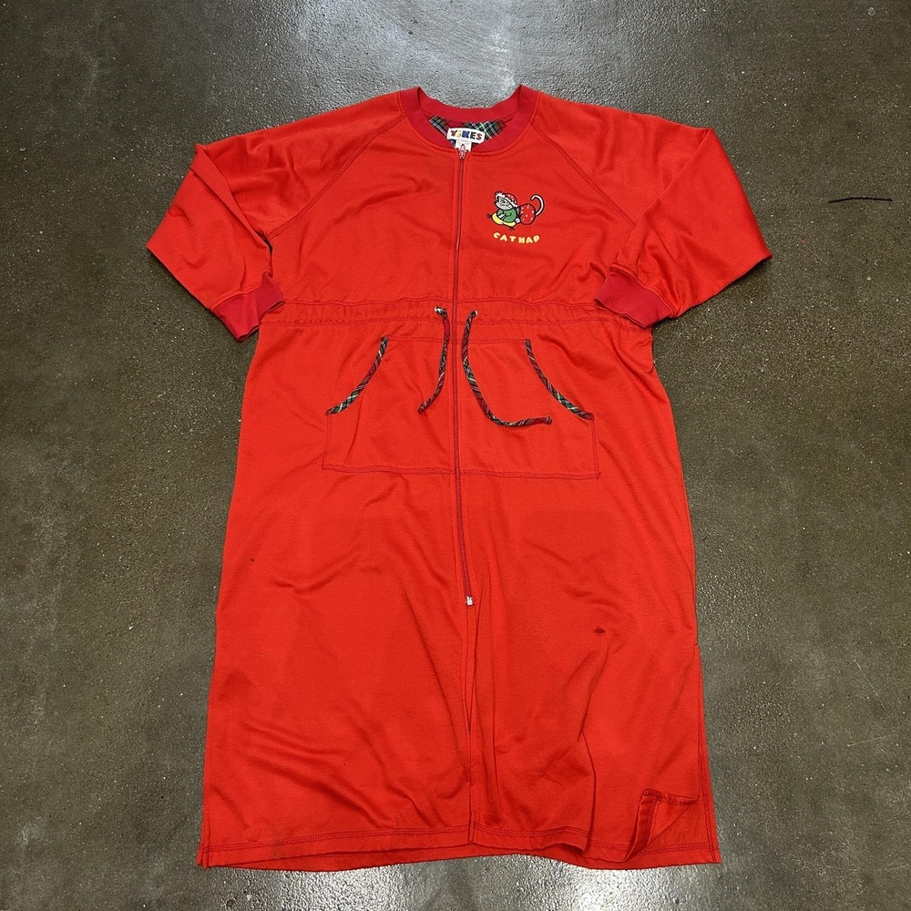 Yikes Long Robe Womens 1X Red‎ Cat Nap Zip Front Housecoat Lounge Sleepwear